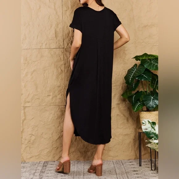 NEW Heimish Love On Me Side Slit Solid Black Short Sleeve Maxi Dress - Picture 6 of 8